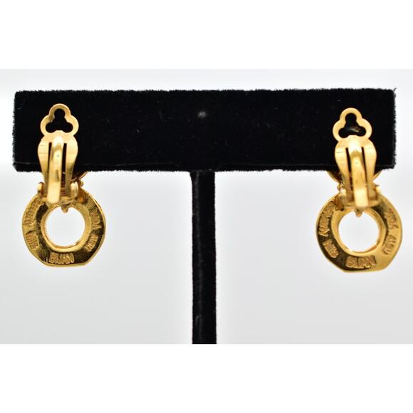 Bijan Vintage Clip On Earrings Chunky Gold Dangle Door Knocker Signed 1980s 9L - Picture 10 of 12